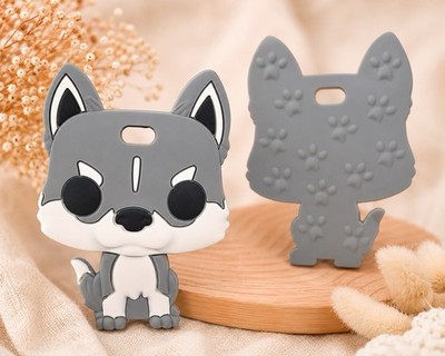 Beißanhänger Wolf/Husky Design Aus Silikon Schnullerkette Baby Geschenk Geburt