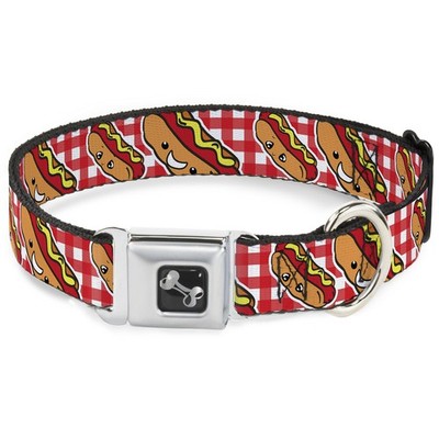 Dog Collar Bone Hot Dogs Buffalo Plaid White/Red Medium 11-16.5'' (US IMPORT)