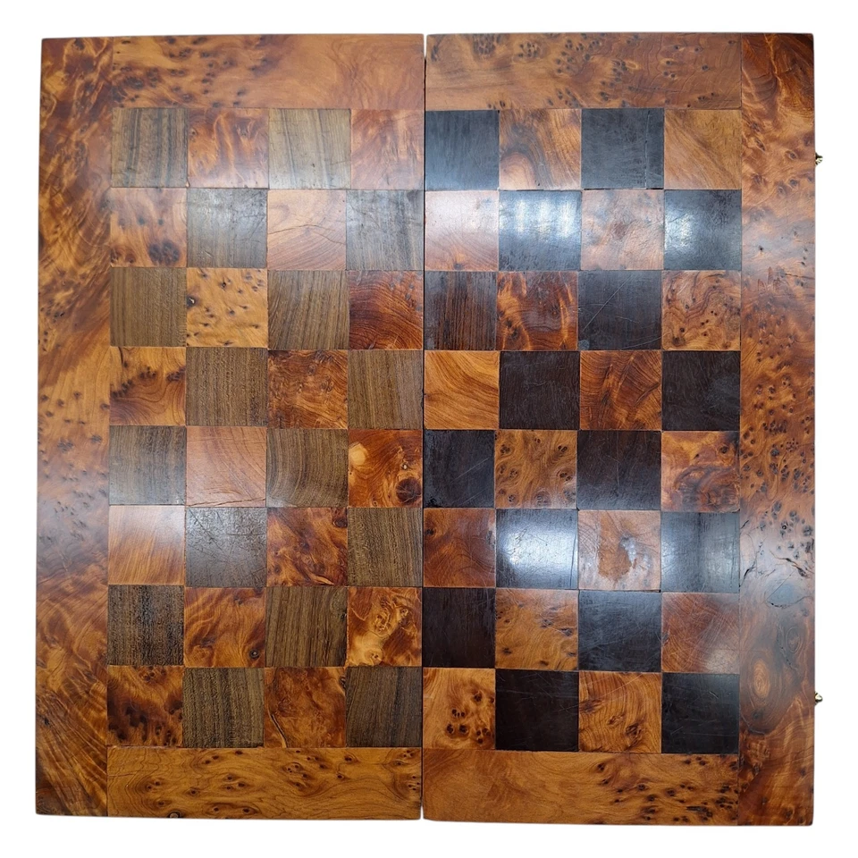 Vintage Moroccan Solid Thuya Burl Wood Chess & Backgammon Board – Folding Case - Image 3 of 4