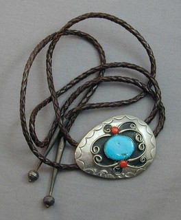 Vintage HUGE Silver Metal Estate Turquoise Coral Bolo Tie READ