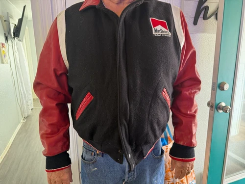 Marlboro Team Penske Leather Bomber Jacket Black/Red Quilted Lined XL - product listing photo