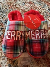 Holiday Lane Unisex Green Red Plaid Merry Slippers Small Created for Macy's NWT