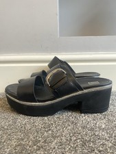 FitFlop Pilar Black Leather Platform Slide Sandals Buckle Mules UK 8 CushX