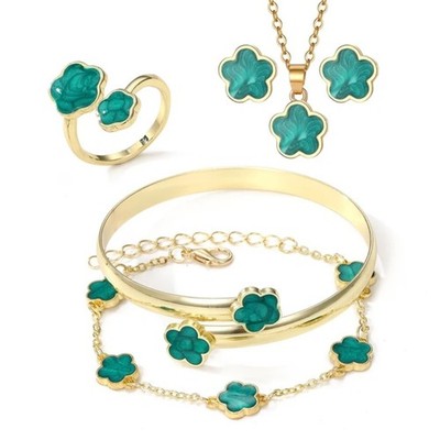 Gold Tone Green Clover Enamel Jewelry Set Necklace Bracelet Ring