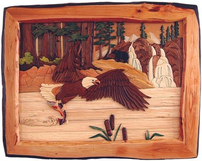 Flying Eagle & Bear Hand Crafted Intarsia Wood Art Wall Hanging 28 X 24 X 2