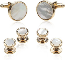 Mother of Pearl and Gold Tuxedo Cufflinks and Studs Formal Set with Gift Box