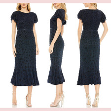 NEW Mac Duggal [ 8 ] 10771 Beaded Ruffle Sleeve Midi Cocktail Dress Blue S585