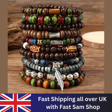 10pcs Bohemian Wooden Beaded Bracelets Set Men Women Multi Layer Wristband Gift