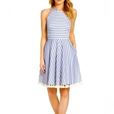 Eliza J Women’s Size 14 Striped Pom-Pom Dress, Women's High Neck Blue White