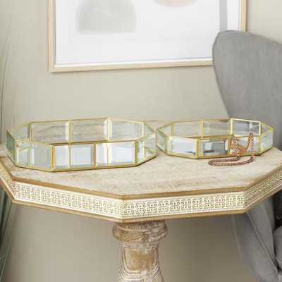 Clear Glass Beveled Wide Octagon Jewelry Box with Gold Metal Frame (Set of 2)