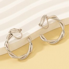 Women 1" Long Hoop CLIP ON EARRINGS Drop Silver Tone New