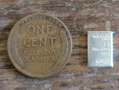 1 gram Silver Bar + Wheat Cent - Valcambi Buy 3 Or More Get Free Tracking