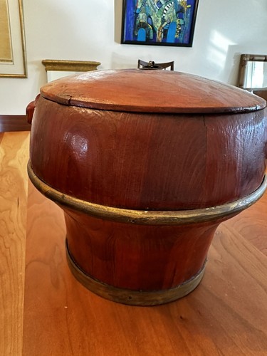 ANTIQUE Chinese Wooden Rice Bucket Barrel and Lid Painted - Picture 10 of 24