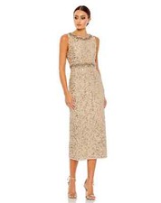 Mac Duggal Gold Sequin Rhinestone Beaded Cocktail Midi Dress Size 6 398