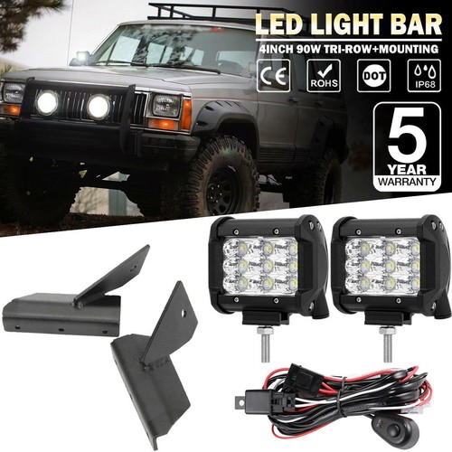 For Jeep Cherokee XJ 2x 4" 90W LED Work Light Bar Pod +Windshield Mount