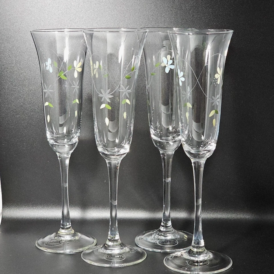 4 Oneida Floral Elegance Handblown Painted Champagne Flutes 9.5" Mimosa Glasses - Image 4 of 4