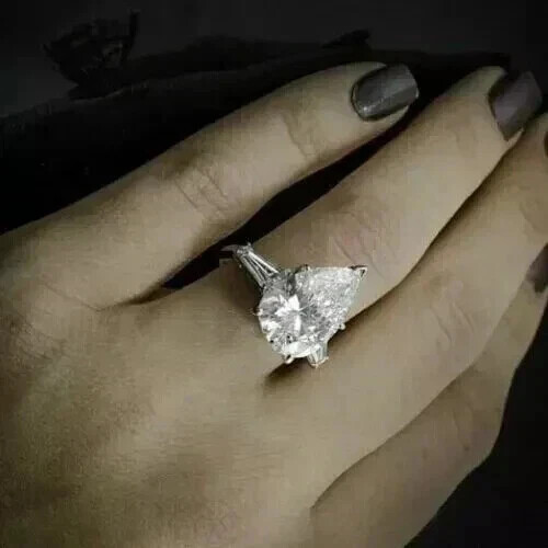 3.00Ct Pear Cut Real Moissanite Solitaire Engagement Ring 14K White Gold Plated - Picture 1 of 7