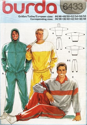 1980's Burda Men's Sportswear Sweatshirt,Pants Pattern 6433 Size 34-48 UNCUT