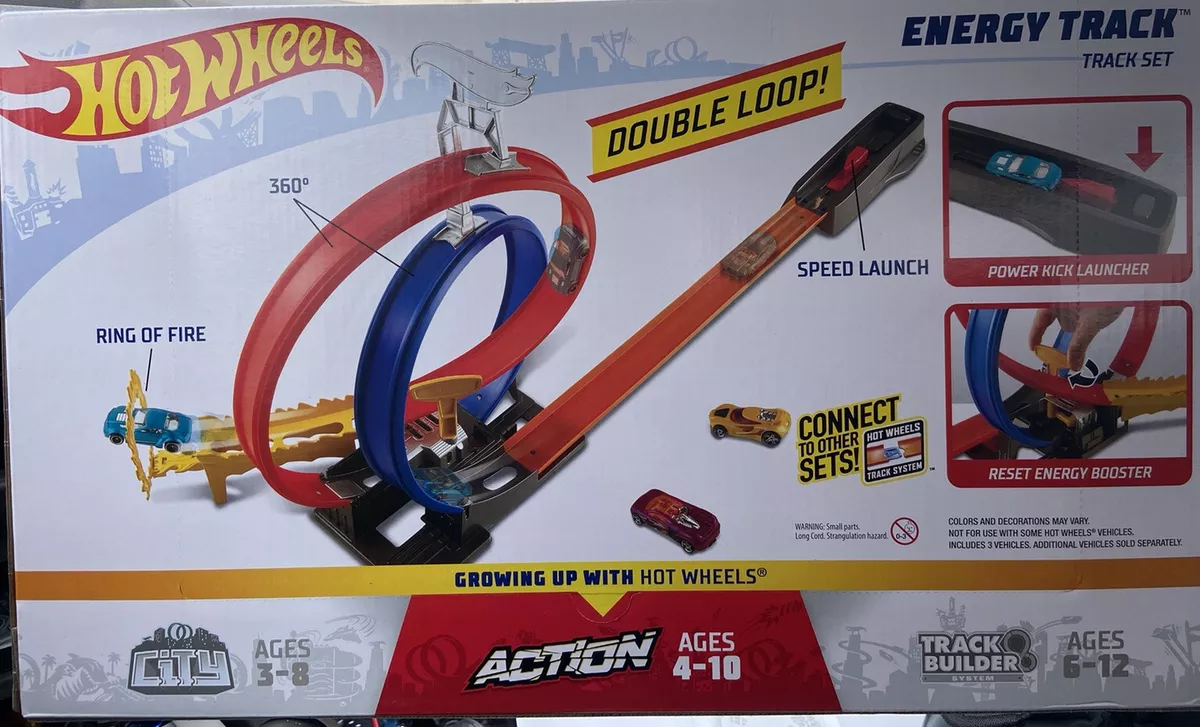 Hot Wheels Action Energy Track Double Power Loops Track Set 3 Cars