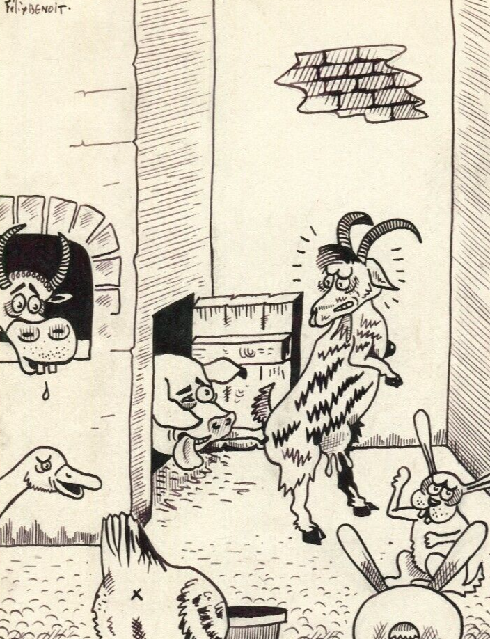 Vintage Ink Drawing Original Signed Animals, Genre Scene