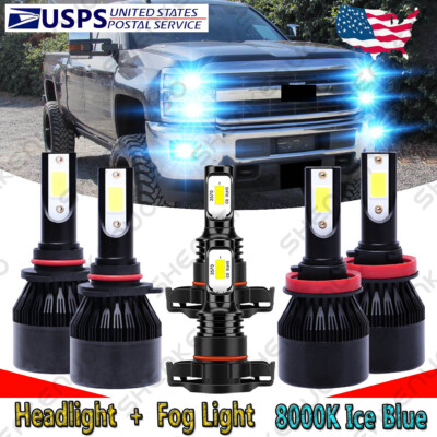 For Chevy Silverado 1500 2500 HD 2007-2015 8000K LED Headlights + Fog Bulbs C9L