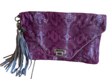 Tylie Malibu Purple Silver Snakeskin Design Clutch Tassel Accent Nice