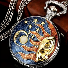 Moon Sun Star Embossed Quartz Pocket Watch Vintage Necklace Chain Watch Gift