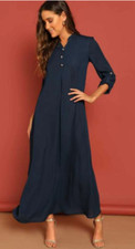 SHEIN Rolled Tab Sleeve Button Front Maxi Dress Navy Blue L