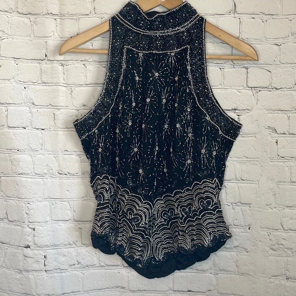 Vintage Papell Boutique Evening Beaded Silk Top Sleeveless Size