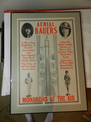 VINTAGE 1930'S  CIRCUS TRAPEZE ARTIST POSTER-AERIAL BAUERS-AMUSEMENT PARK-RARE