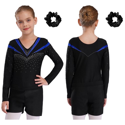 Kids Girls Leotard With Shorts Competition Bodysuit Long Sleeve Dance Outfit - Picture 18 of 57