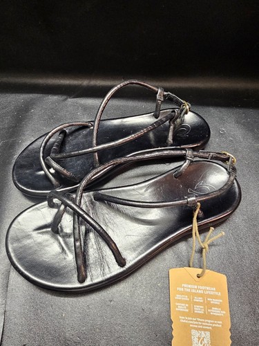 Olukai Waiau Womens Size 7 Leather Strappy Slip On Sandals Shoes Black - Picture 2 of 5
