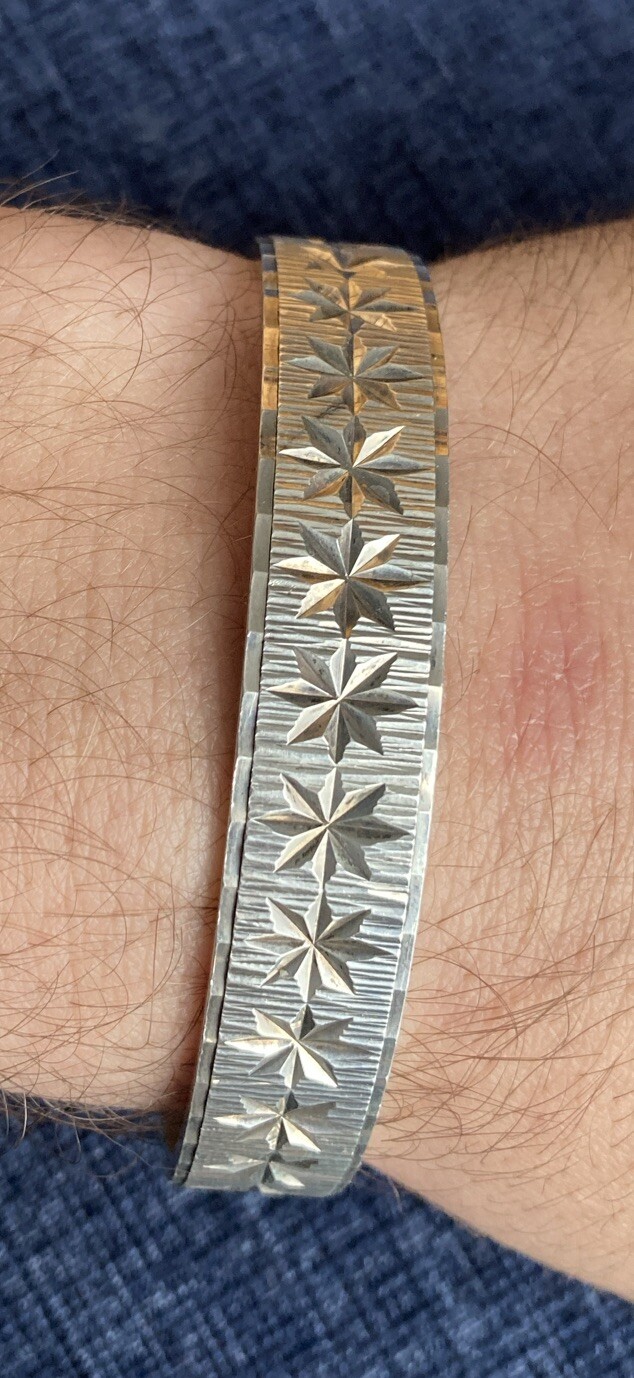 vintage solid silver etched star bangle - image 8