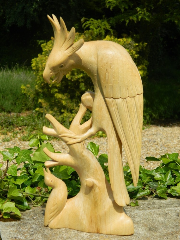 Wooden Cockatoo Parrot Bird Carving - Hand Carved Bird 30cm