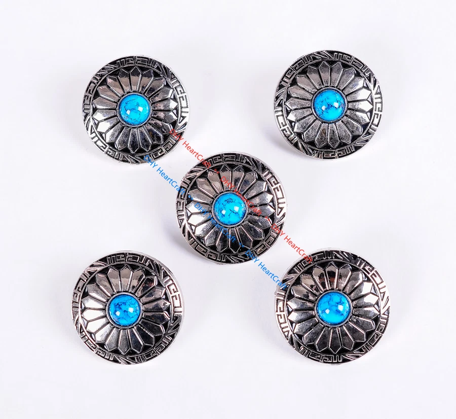 10X 30MM Western Sun Flower BlueTurquoise Leather Sewing Shank Buttons Conchos - Image 4 of 4
