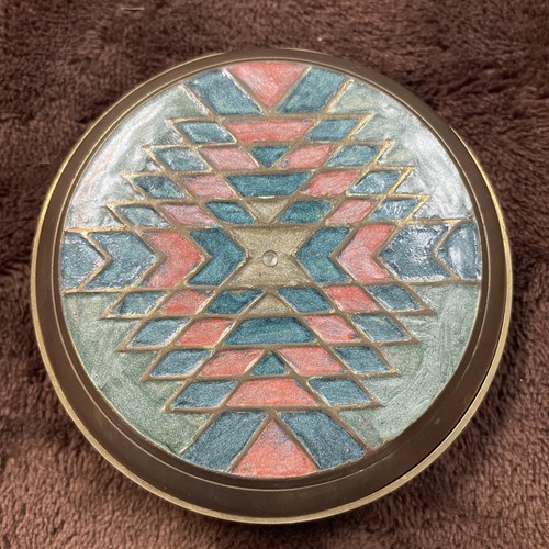 Hosley Trinket Box Solid Brass Round Lidded Handpainted 3 7/8" India 1992 - Picture 9 of 10