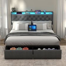 Bed Frame with Storage Headboard, RGB LED Light  USB Charging Station - Grey