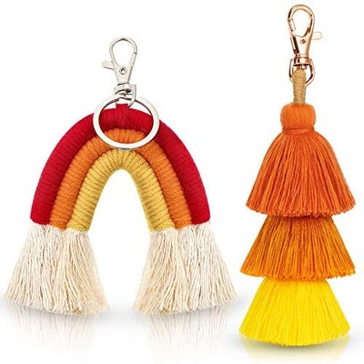 2 Pieces Boho Rainbow Keychains Pom Pom Tassel Macrame Keychains Bright Color