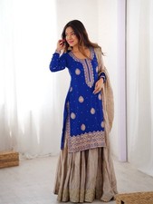 Latest New Chinon Silk Blue Top Palazzo With Dupatta For Women Party Wear