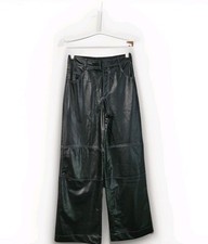 NEW Zara Topstitched Faux Leather Pants Black Wide Leg High-Waisted Size XS