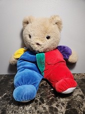 Vintage EDEN Teddy Bear Plush Velour Primary Color Rainbow Bow Stuffed Animal