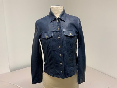 Massimo Dutti, Leather Crop Jacket, Button Up, Size S, Navy Blue, (SR164)