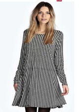 Boohoo Holly Dogtooth Long Sleeve Swing Dress multi UK 8 LN057 CC 13