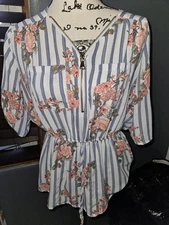 J For Justify Womans Floral Striped Blouse Size L