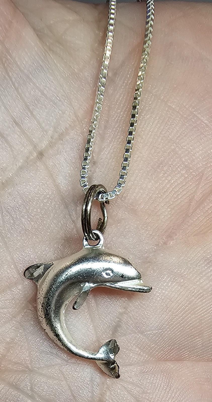 925 Sterling Silver Dolphin Pendant Necklace 3D Ocean Animal Box Chain Vintage
