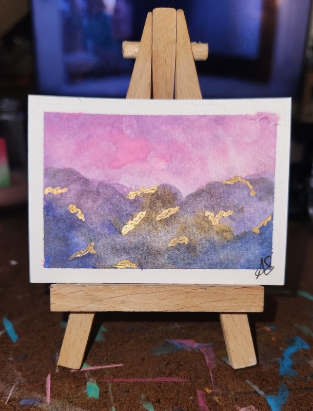 ACEO Original Painting “Gold Flecks of Sky" by Abby Watercolor on Paper 2.5in
