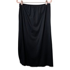 Vintage Vanity Fair Maxi Slip Skirt Black Lace Trim Thigh Slit Made in USA Small