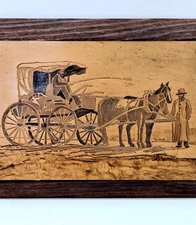 Vintage Tooled Leather Amish Picture On Carved Wood 13" X 9.5" Signed Yoodlad