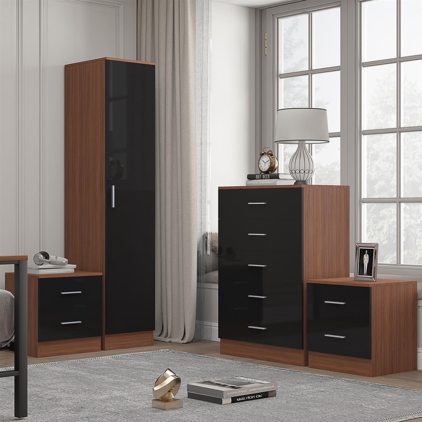 B&Q - 1 Door Plain Wardrobe5 Drawer Chest2X 2 Drawer BedsidesBlack Gloss & WalnutModern Bedroom Furniture Set - Image 4