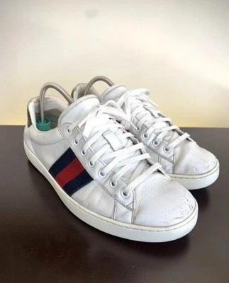 Gucci 386750 Mens White Leather Web Red Green Sneakers Sz US 8.5 || UK 8